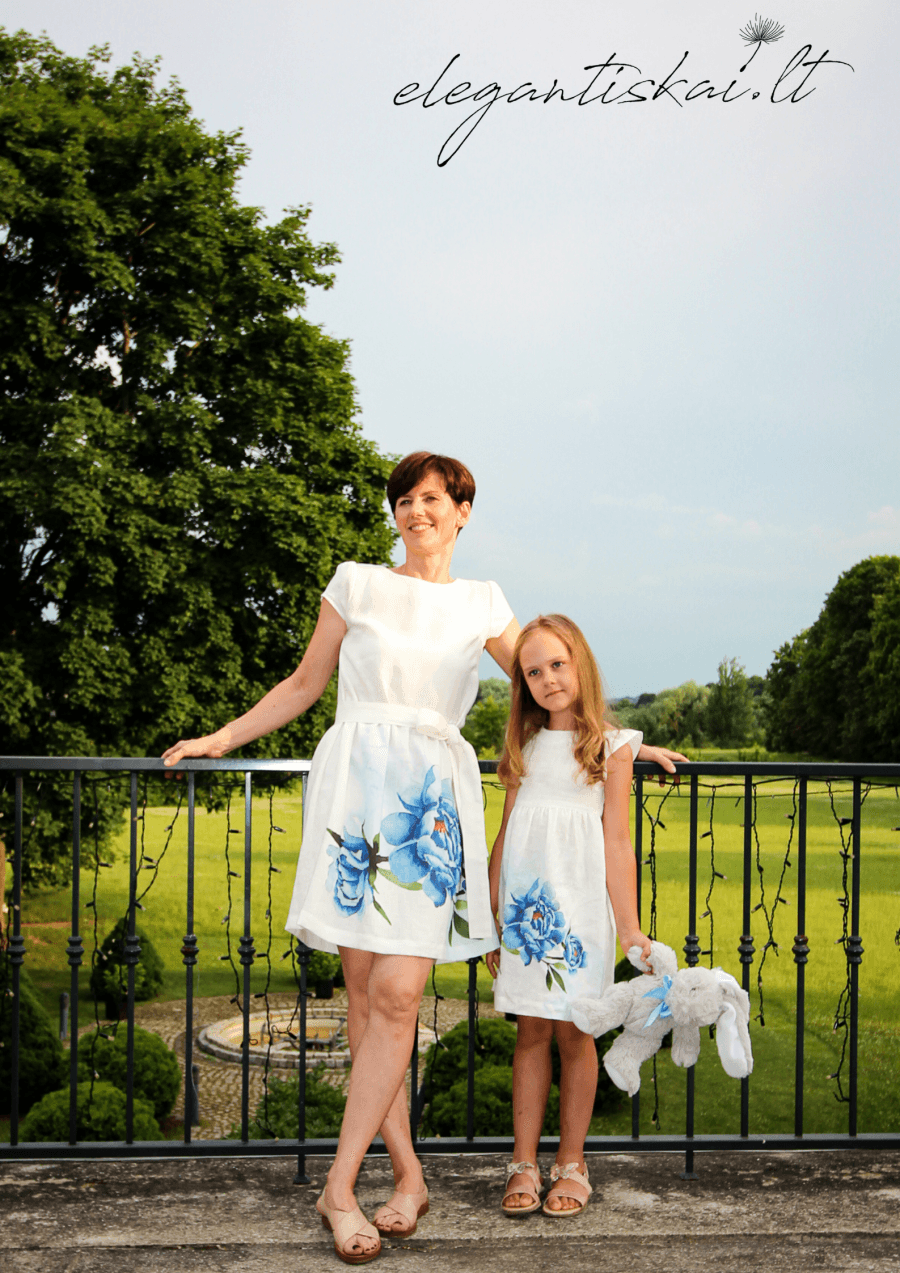 White dress in natural linen "Peonies"