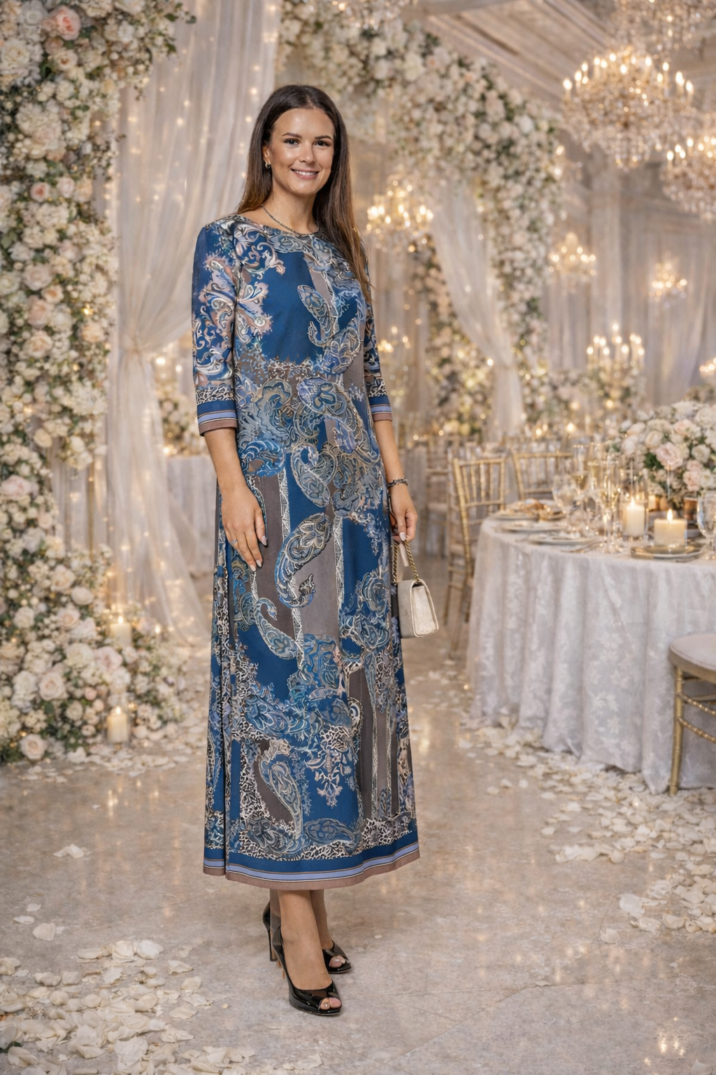 Patterned long dress with a slit for an elegant woman