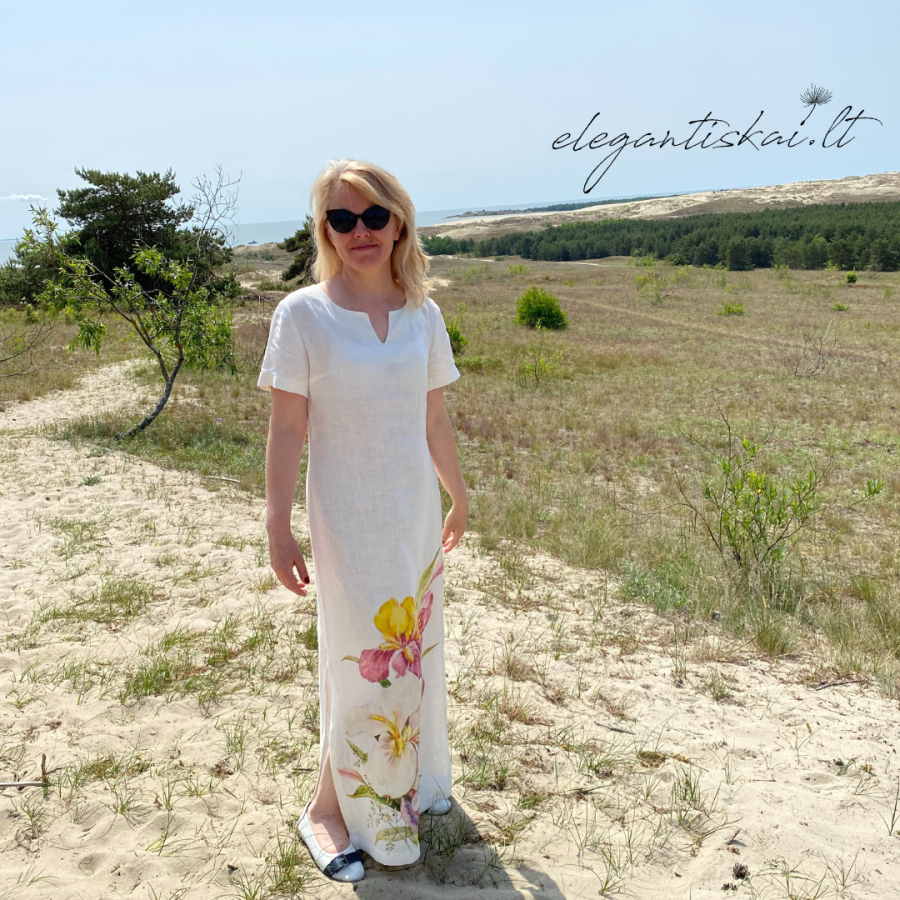 Natural linen long white dress "Colourful elegance"