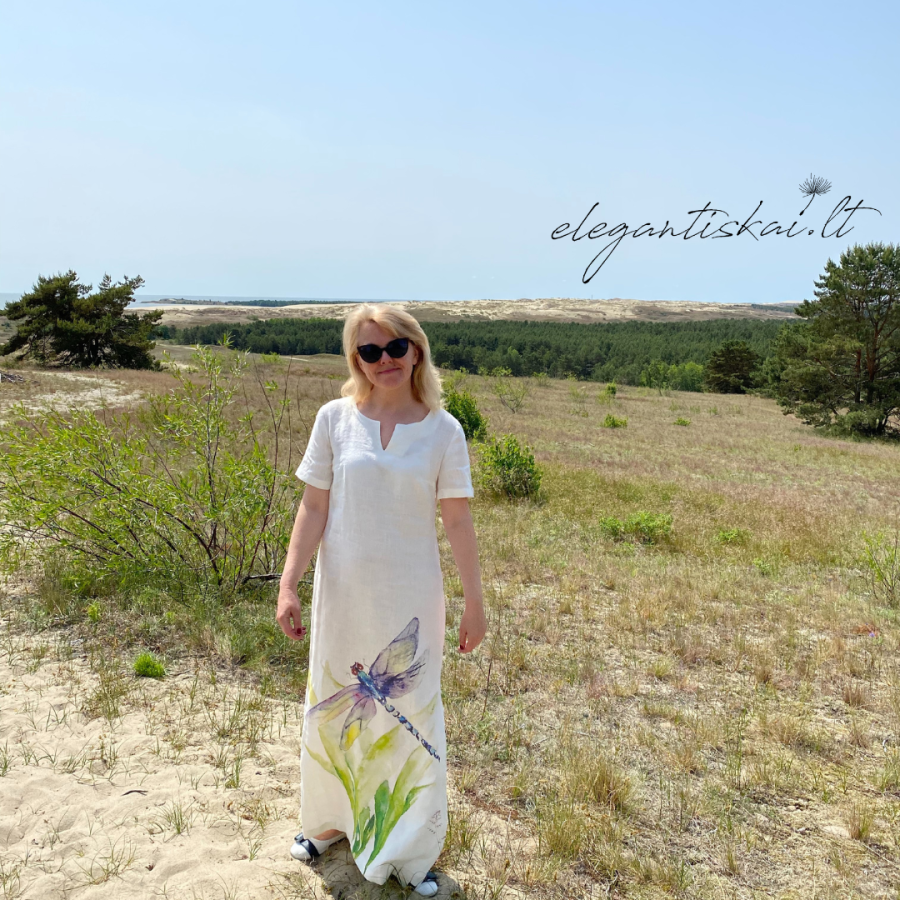 Long white dress in natural linen "Dragonflies" - Image 6