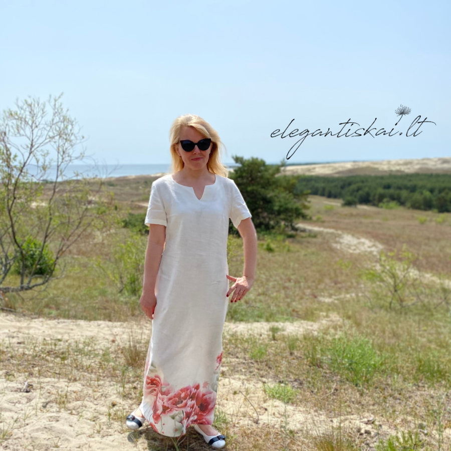 Long white linen dress "Poppies"