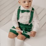Green linen suit with patterned shoulder straps, bowtie - Image 6