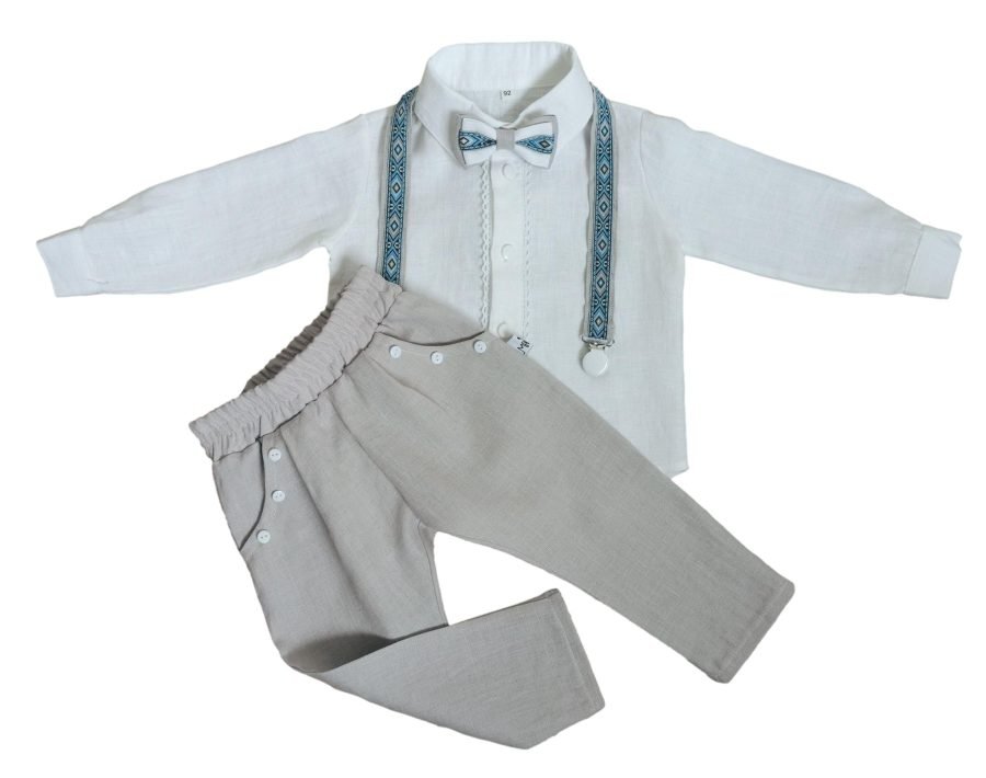 Natural linen suit for boy with braces, bowtie