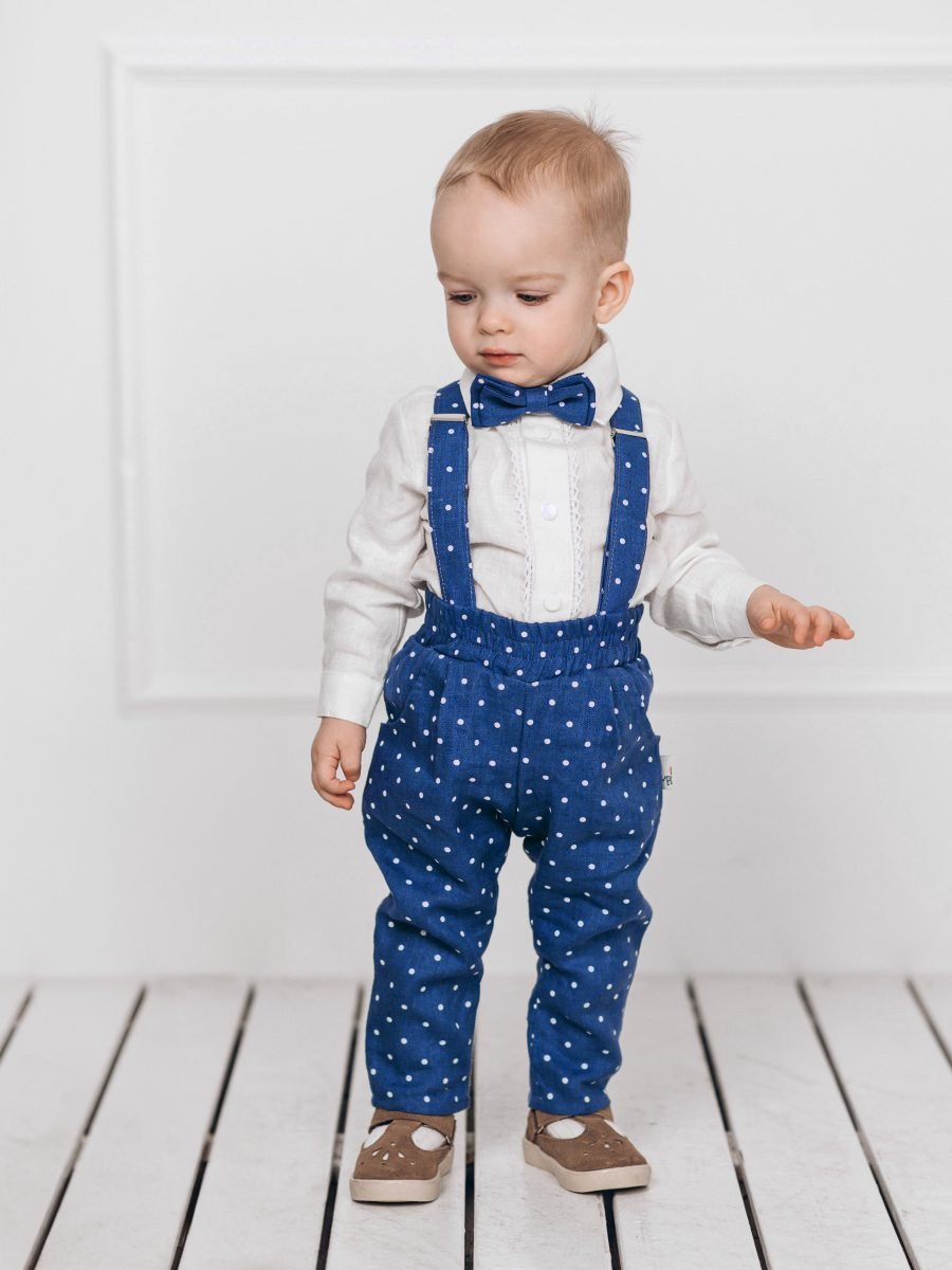 Dark blue natural linen suit for boy with spots