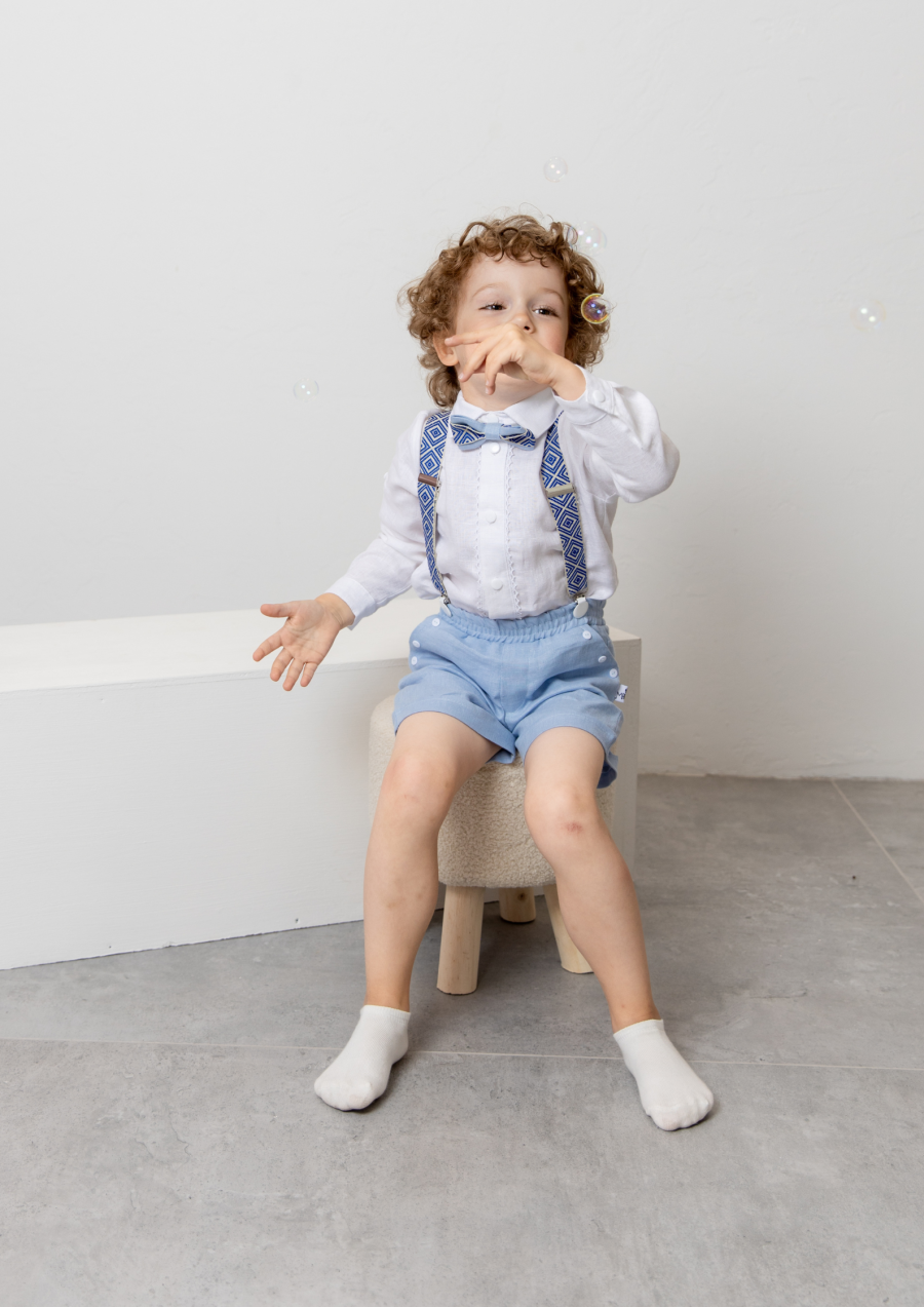 Blue linen shorts with festive shoulder straps and bowtie - Image 5