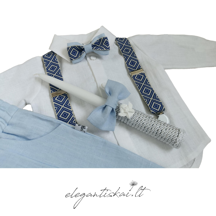 Blue linen shorts with festive shoulder straps and bowtie - Image 6