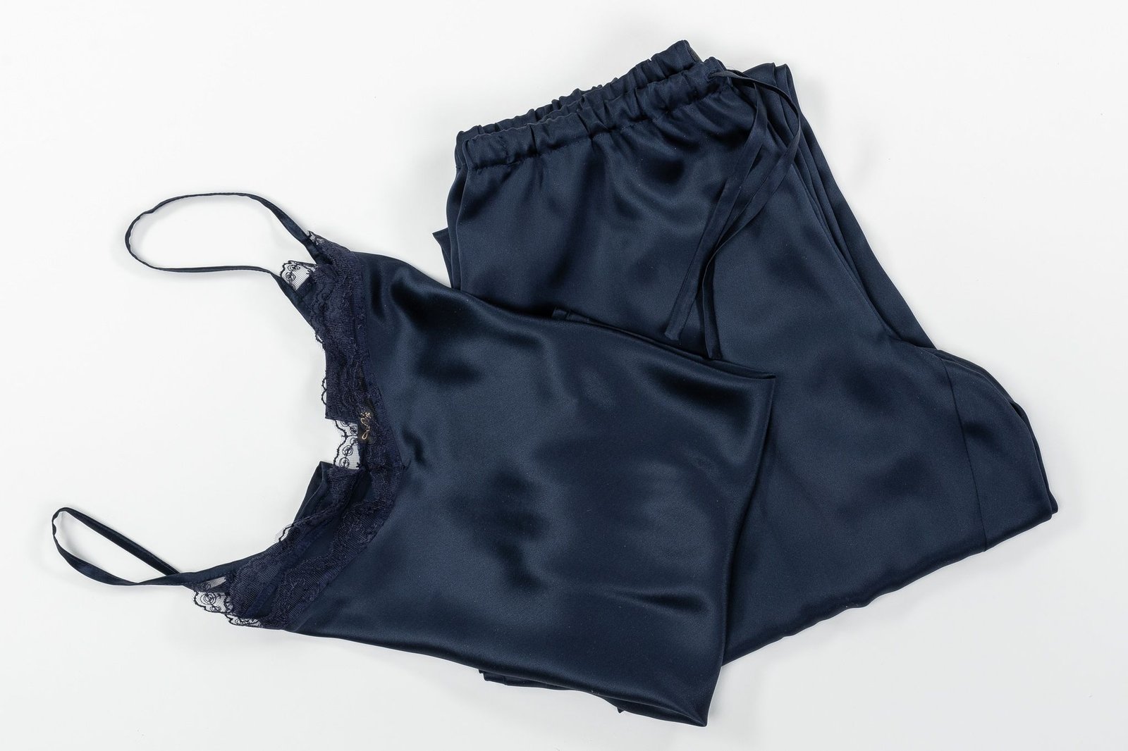 Natural silk pajamas (blouse and shorts), dark blue - Image 3