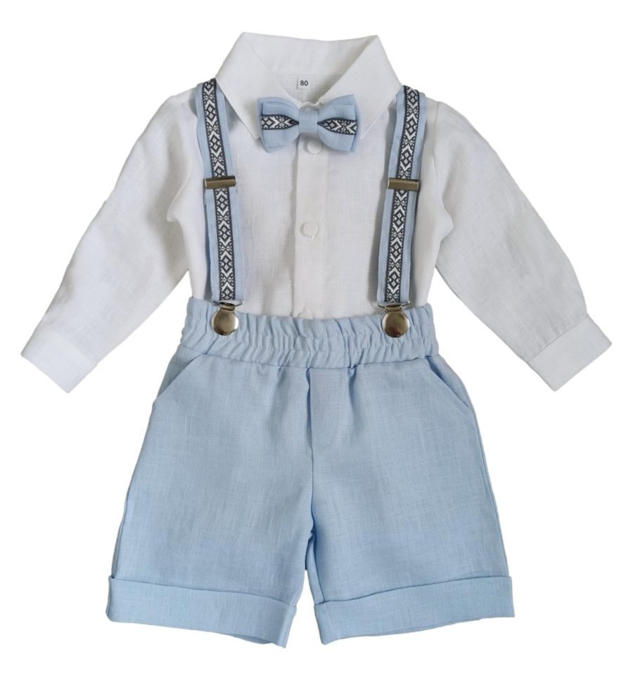 Blue linen suit for boy with suspenders, bowtie - Image 4