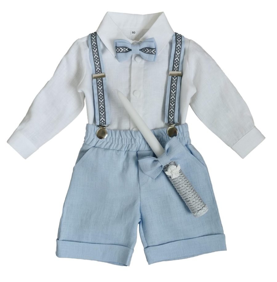 Boy's costume with shorts in blue natural linen - Image 3