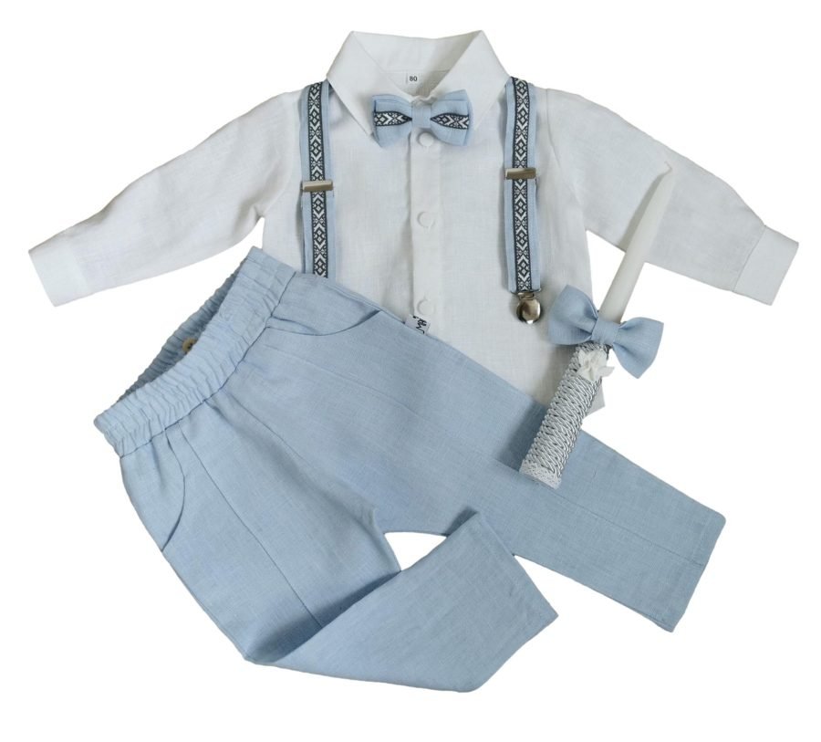 Blue linen suit for boy with suspenders, bowtie - Image 3