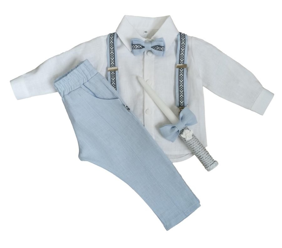 Blue linen suit for boy with suspenders, bowtie - Image 2