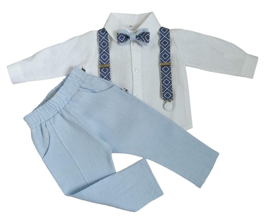 Linen suit for boy with ethnic patterns