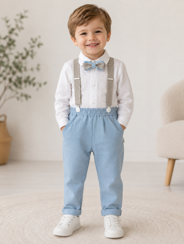 Blue linen suit for boy with suspenders, bowtie