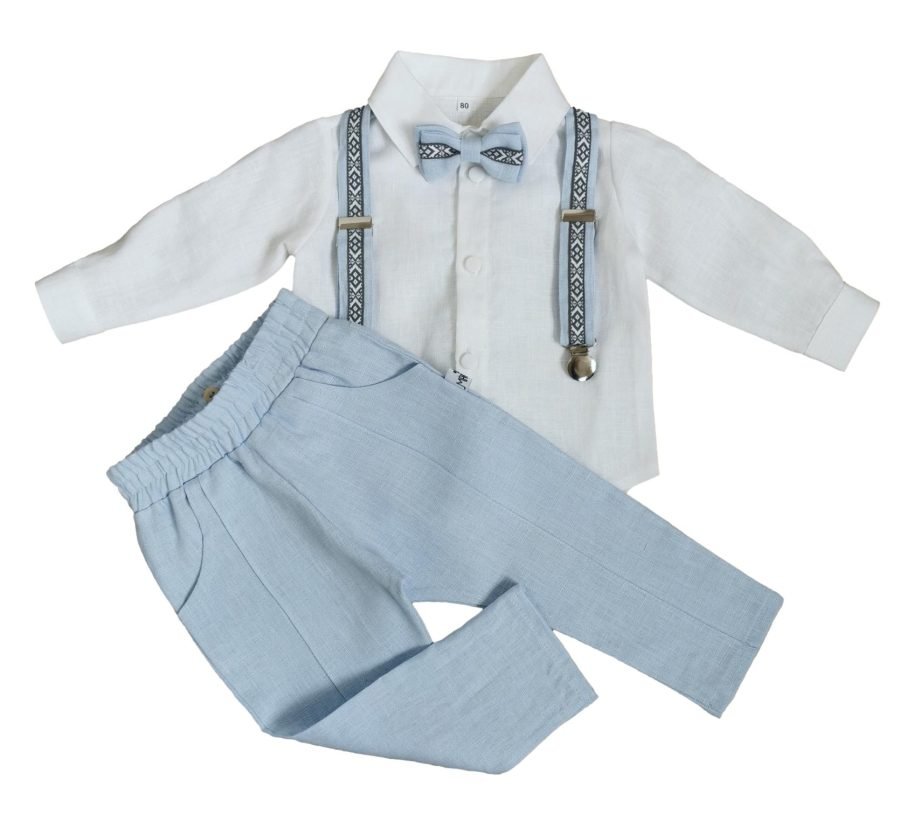 Blue linen suit for boy with suspenders, bowtie