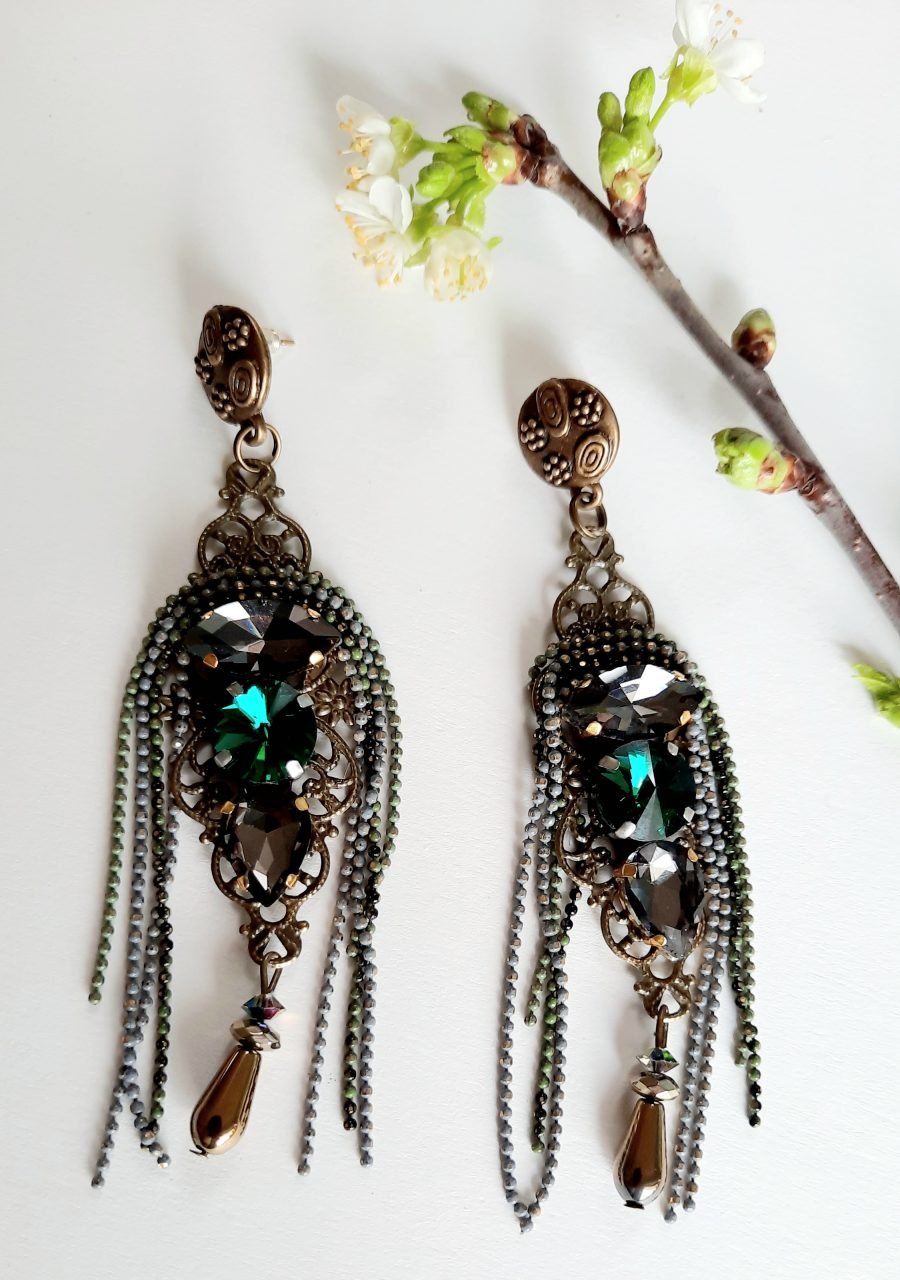 Handmade long earrings with green eyes