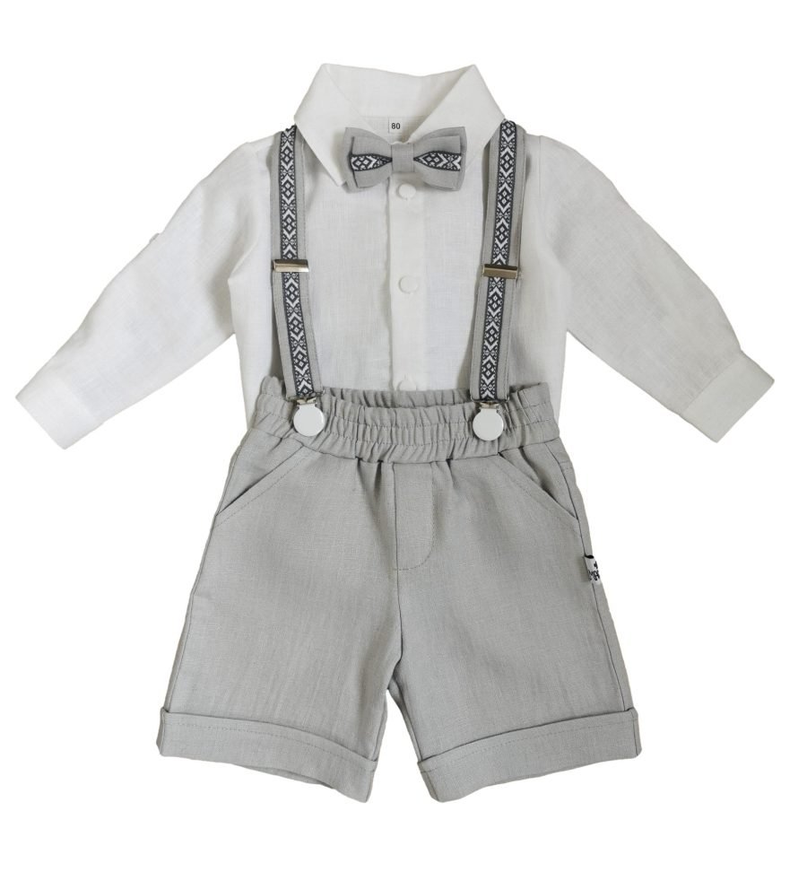 Gray linen suit with shorts, suspenders and bow tie - Image 2