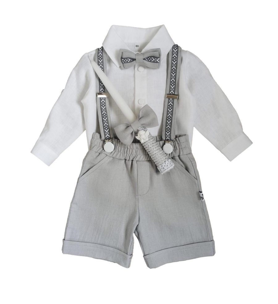 Gray linen suit with shorts, suspenders and bow tie - Image 3