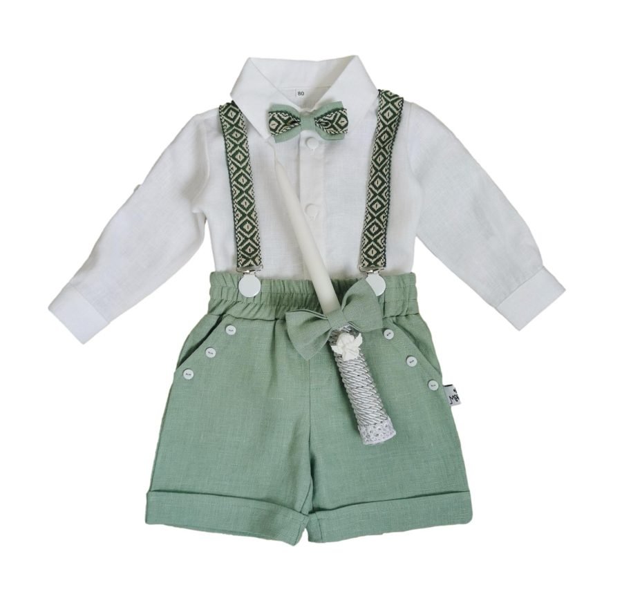 Greenish linen suit with shorts, straps and bowtie - Image 3