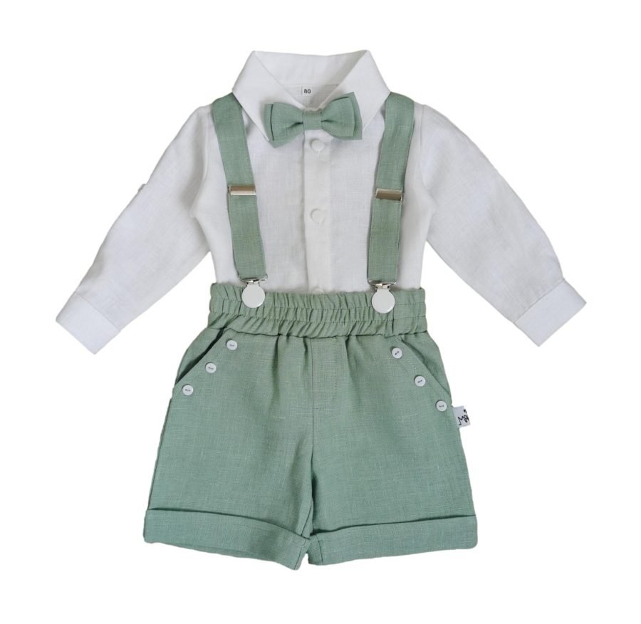 Greenish linen suit with shorts, straps and bowtie - Image 2