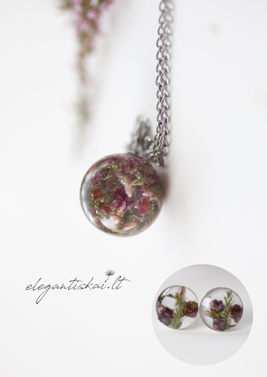 Handmade necklace, earrings with real heather