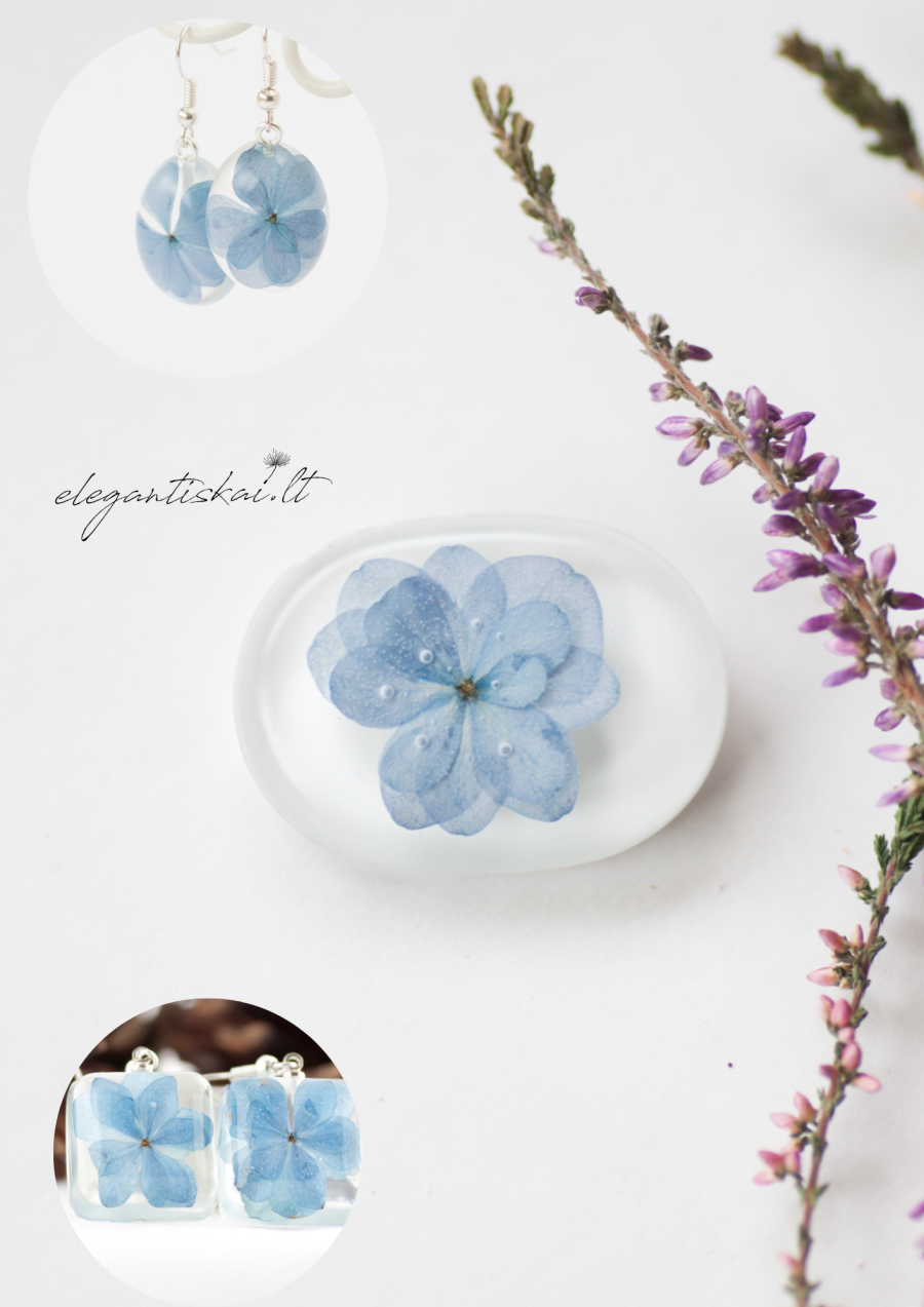 Handmade earrings and brooch with hydrangeas