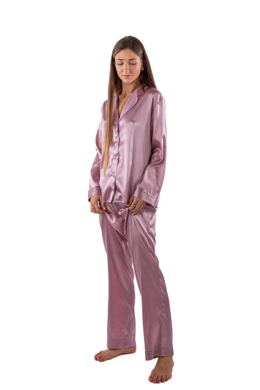 Natural silk pyjamas with long trousers (ash rose) - Image 4