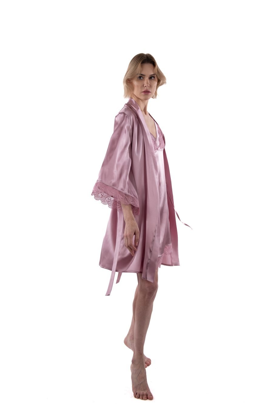 Natural silk robe with lace (ash rose) - Image 3