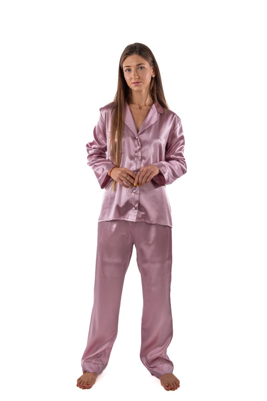 Natural silk pyjamas with long trousers (ash rose)