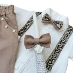 Brown linen suit with white shirt, suspenders, bow tie - Image 3