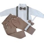 Brown linen suit with white shirt, suspenders, bow tie