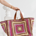 Large hand-crocheted handbag with leather handles