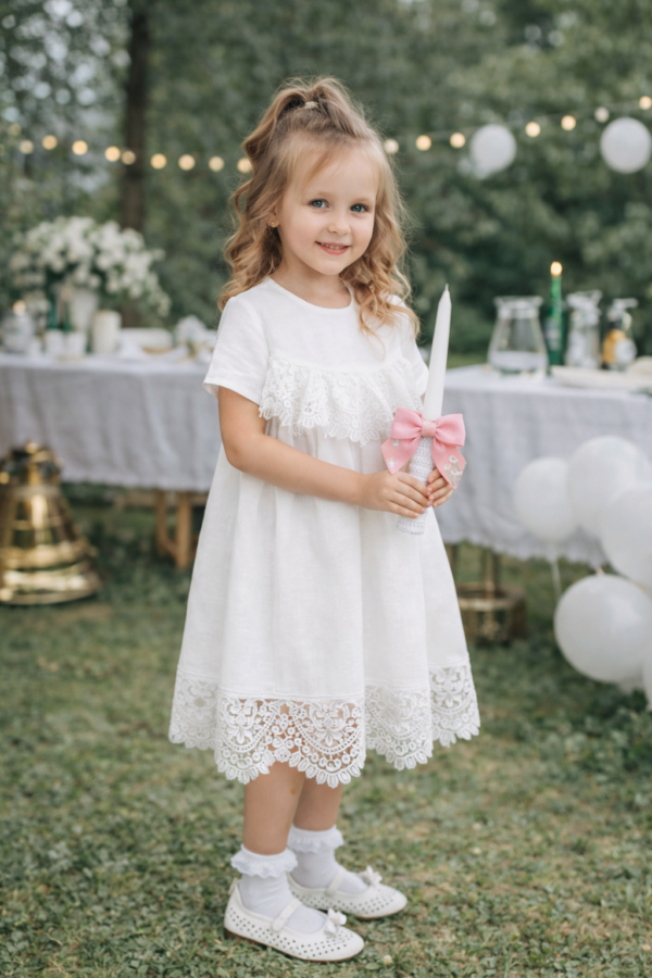 White linen dress for a girl, decorated with lace