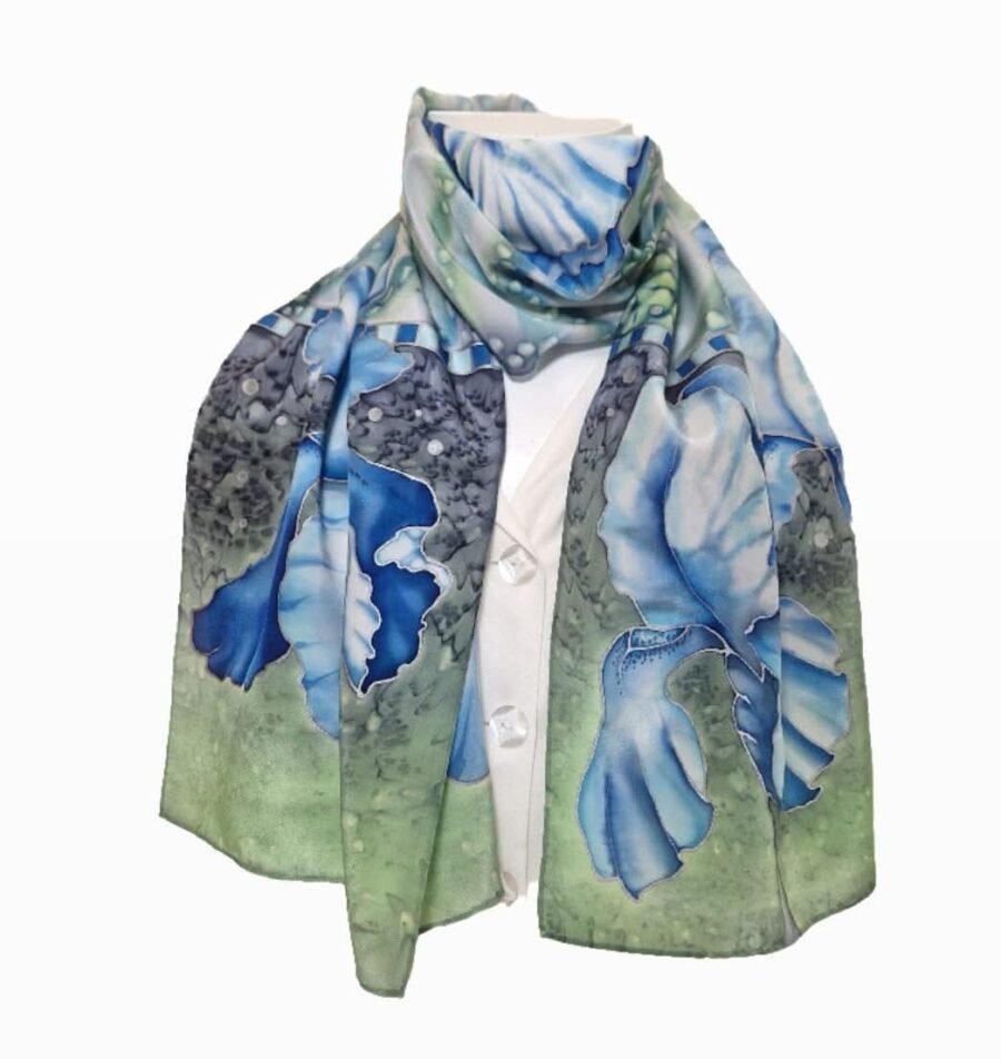 Painted natural silk scarf with irises - Image 4