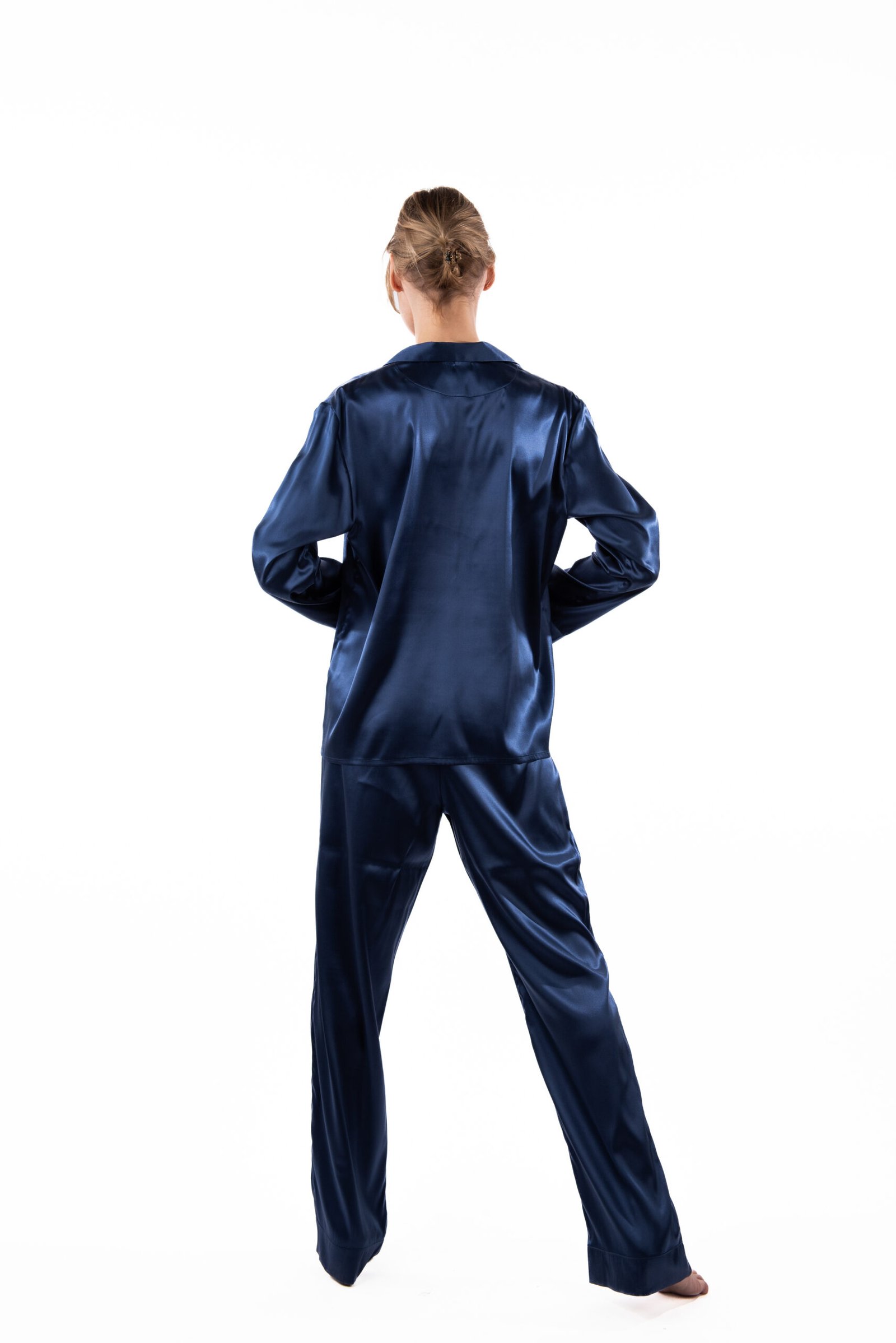 Natural silk pajamas with long pants (dark blue) - Image 4